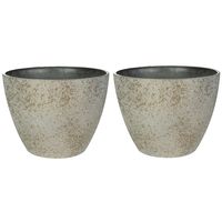 Bloempot/plantenpot - 2x - buiten - beige/goud - D22 en H17 cm - kunststof/steenmix - thumbnail