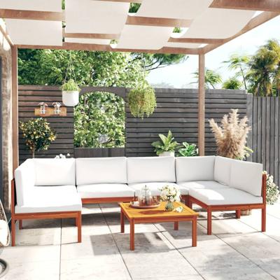7-delige Loungeset met kussens massief acaciahout crèmekleurig