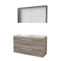 Basic-Line Comfort 46 Badkamermeubelset - 120 x 46 cm - Met Grepen - 2 Lades - Acryl Wastafel - 2 Kraangaten - Spiegelkast - Scotch Oak