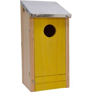 Houten vogelhuisje/nestkastje gele voorzijde 26 cm