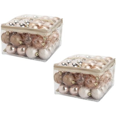 96x stuks kunststof kerstballen roze 6 cm in opbergtassen/opbergboxen