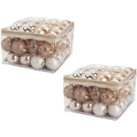 96x stuks kunststof kerstballen roze 6 cm in opbergtassen/opbergboxen