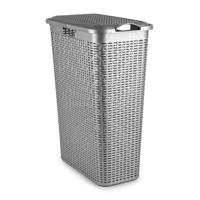 Smalle Wasmand met deksel Rotan - zilvergrijs - gevlochten kunststof - 48 liter - 27 x 46 x 60 cm