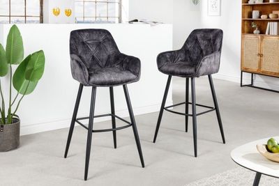 Design barkruk MILANO grijs fluwelen barstoel met Chesterfield quilting - 41957