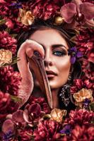Foto Glas Art - Pelikaan en vrouw omringt door bloemen, multi-gekleurd, prachtig voor in de woon en of slaapkamer, inclusief ophang materiaal.