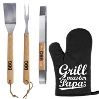 Luxe barbecue gereedschap set met houten handgrepen 3-delig RVS met BBQ handschoen Grillmaster papa - thumbnail