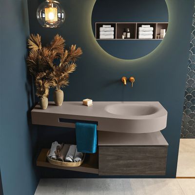 MONDIAZ RIVA 120cm badmeubel onderkast / planchet kleur Dark_Brown met 1 lade. Wastafel DULCET rechts 0 kraangaten kleur Smoke.