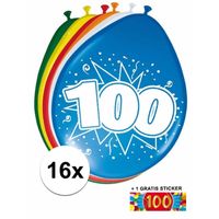 Versiering 100 jaar ballonnen 30 cm 16x + sticker - thumbnail
