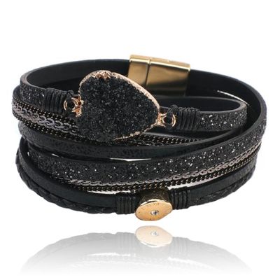 Zwarte leren dames armband van hars met hartvormige steen