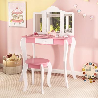 Kinderkaptafelset voor 3-7 Jaar met 3-Delige Opvouwbare Acrylspiegel Lade en Accessoires Kaptafelset en Houten Kruk met Anti-Kantelset