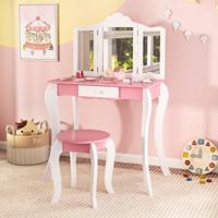 Kinderkaptafelset voor 3-7 Jaar met 3-Delige Opvouwbare Acrylspiegel Lade en Accessoires Kaptafelset en Houten Kruk met Anti-Kantelset