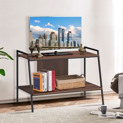 TV Standaard Houten Mediatafel met 2 Lagen voor TV's tot 32" Opslag Plank Walnoot