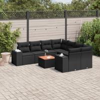 9-delige Loungeset met kussens poly rattan zwart