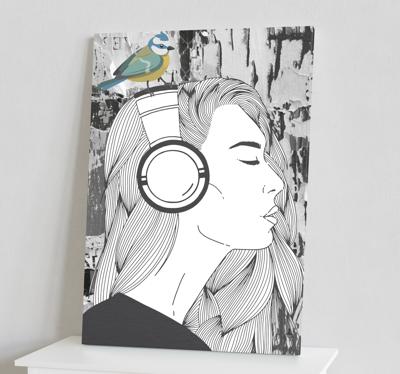 Canvas schilderij kunst Vrouw met koptelefoon en vogel