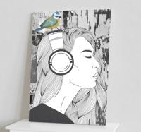Canvas schilderij kunst Vrouw met koptelefoon en vogel