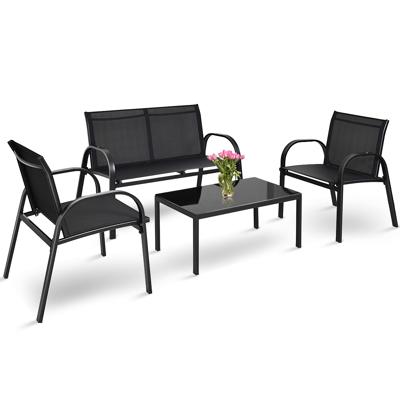 4 Stuks Patio Meubelen Set Buiten Tuin Gesprek Set Zwembad Ligstoelen met Glazen Salontafel