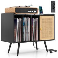 Rieten Platenspelerstandaard met Oplaadstation Vinyl Platenspeler Tafel voor 220 Platen Zwart