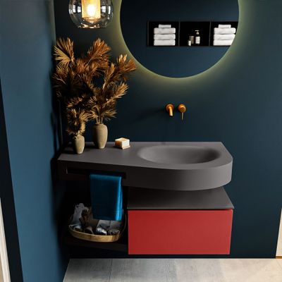 MONDIAZ RIVA 100cm badmeubel onderkast / planchet kleur Fire met 1 lade. Wastafel DULCET rechts 0 kraangaten kleur Dark_Grey. MONDIAZ RIVA 100cm badmeubel onderkast / planchet kleur Fire met 1 lade. Wastafel DULCET rechts 0 kraangaten kleur Dark_Grey.