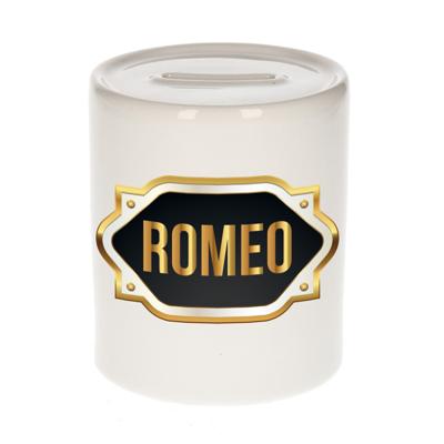 Spaarpot met voornaam Romeo - wit - goud/zwart embleem - 8 x 9 cm - keramiek - afsluitdop Spaarpot met voornaam Romeo - wit - goud/zwart embleem - 8 x 9 cm - keramiek - afsluitdop