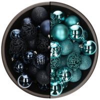 74x stuks kunststof kerstballen mix van donkerblauw en turquoise blauw 6 cm - thumbnail