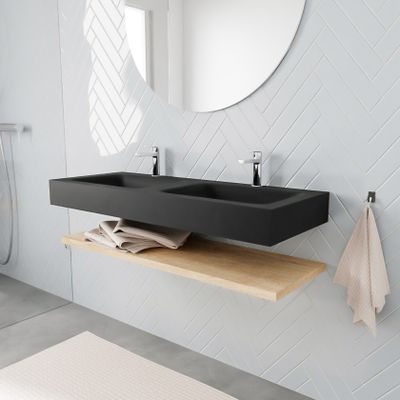 Mondiaz Alan badmeubel 120 cm planchet washed oak vrijhangend wastafel dubbel 2 kraangaten zwart