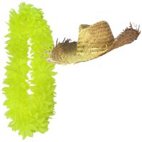 Carnaval verkleedset - Tropical Hawaii party - strohoed - en volle bloemenslinger neon geel - thumbnail