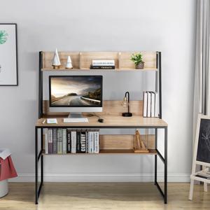 Bureau met Plank Computertafel van Hout met Metalen Frame en Verstelbare Voetpads Werktafel met Open Boekenkast (Natuur)