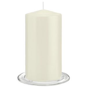 Trend Candles - Stompkaarsen met glazen onderzetters set van 2x stuks - ivoor wit 8 x 15 cm