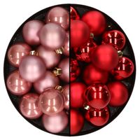 32x stuks kunststof kerstballen mix van oudroze en rood 4 cm   -