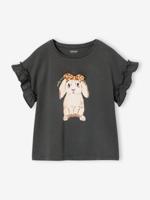 Meisjes-T-shirt met iriserend motief en korte mouwen met ruches antraciet