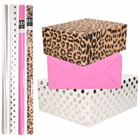 8x Rollen transparante folie/inpakpapier pakket - panterprint/roze/wit met stippen 200 x 70 cm - Cadeaupapier - thumbnail