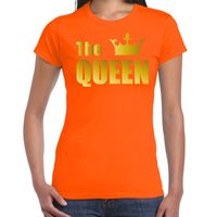 The queen t-shirt oranje met gouden letters en kroon voor dames - thumbnail