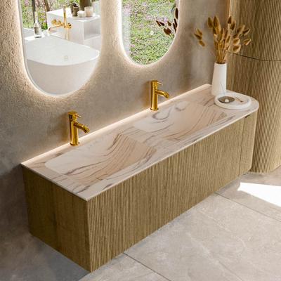 Badmeubel Mondiaz Kurve-Dlux | 145 cm | Meubelkleur Dusk | Wastafelkleur Nata | Solid surface | Dubbel / Links spoelbak | 2 kraangaten
