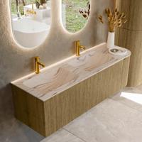 Badmeubel Mondiaz Kurve-Dlux | 145 cm | Meubelkleur Dusk | Wastafelkleur Nata | Solid surface | Dubbel / Links spoelbak | 2 kraangaten