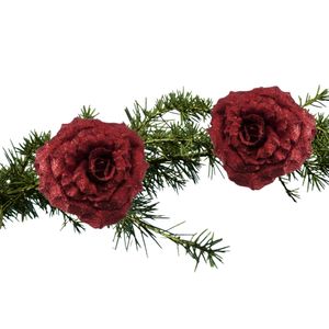 2x stuks kerstboomversiering bloem op clip rode glitter roos 18 cm