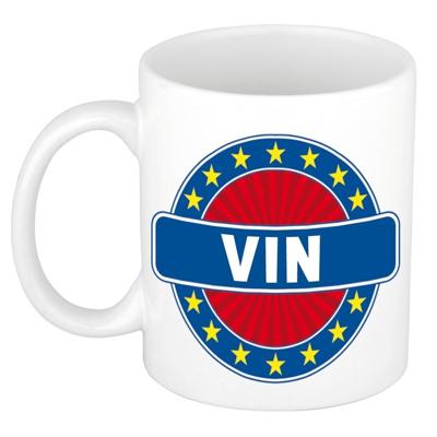 Vin voornaam koffiemok - beker - wit/blauw - 300 ml - Cadeau - Heren - Collega - Vaderdag