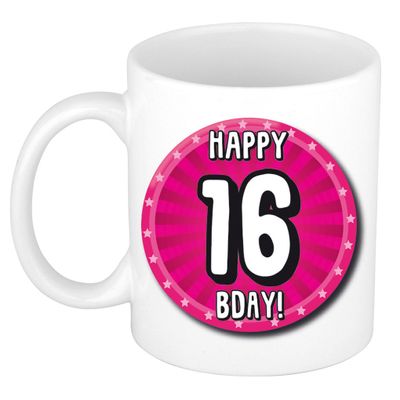 Verjaardag cadeau mok 16 jaar - roze - wiel - 300 ml - keramiek