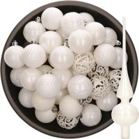 37x stuks kunststof kerstballen 6 cm incl. glazen piek glans wit - Kerstbal - thumbnail