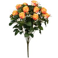 Kunstbloemen boeket rozen met bladgroen - oranje - H49 cm - Bloemstuk - thumbnail