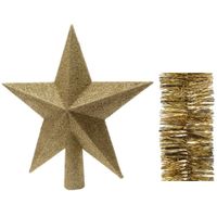 Kerstversiering kunststof glitter ster piek 19 cm en folieslingers pakket goud van 3x stuks - thumbnail