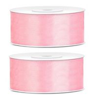 2x Hobby/decoratie roze satijnen sierlinten 2,5 cm/25 mm x 25 meter - thumbnail