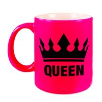 Cadeau Queen mok/ beker fluor neon roze met zwarte bedrukking 300 ml