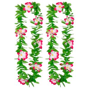 Hawaii krans/slinger - 2x - Tropische kleuren mix groen/roze - Bloemen hals slingers