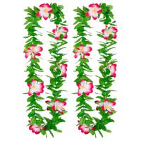 Hawaii krans/slinger - 2x - Tropische kleuren mix groen/roze - Bloemen hals slingers