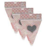 Baby geboren vlaggetjes - 3x - Vlaggenlijn hartje geboorte meisje - 10 meter - roze - kunststof