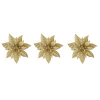 Decoratie bloem - 4x stuks - kerstster - op clip - goud - glitter -15 cm - kunststof - kerstversieri