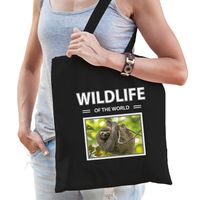 Luiaard tasje zwart volwassenen en kinderen - wildlife of the world kado boodschappen tas - thumbnail