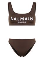 Balmain bikini rayé à logo brodé - Marron