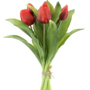 Kunst tulpen boeket Vermeer - 5x stuks - rood - real touch - 31 cm - kunst zijdebloemen