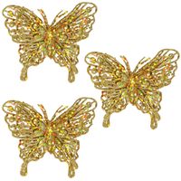 6x Kerstversieringen vlinders op clip glitter goud 11 cm   -